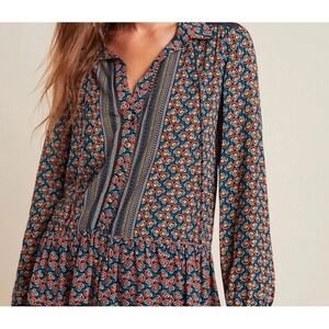 Maeve Anthropologie Floral Geometric Peplum Blouse Navy Orange Lace Trim Size 2
